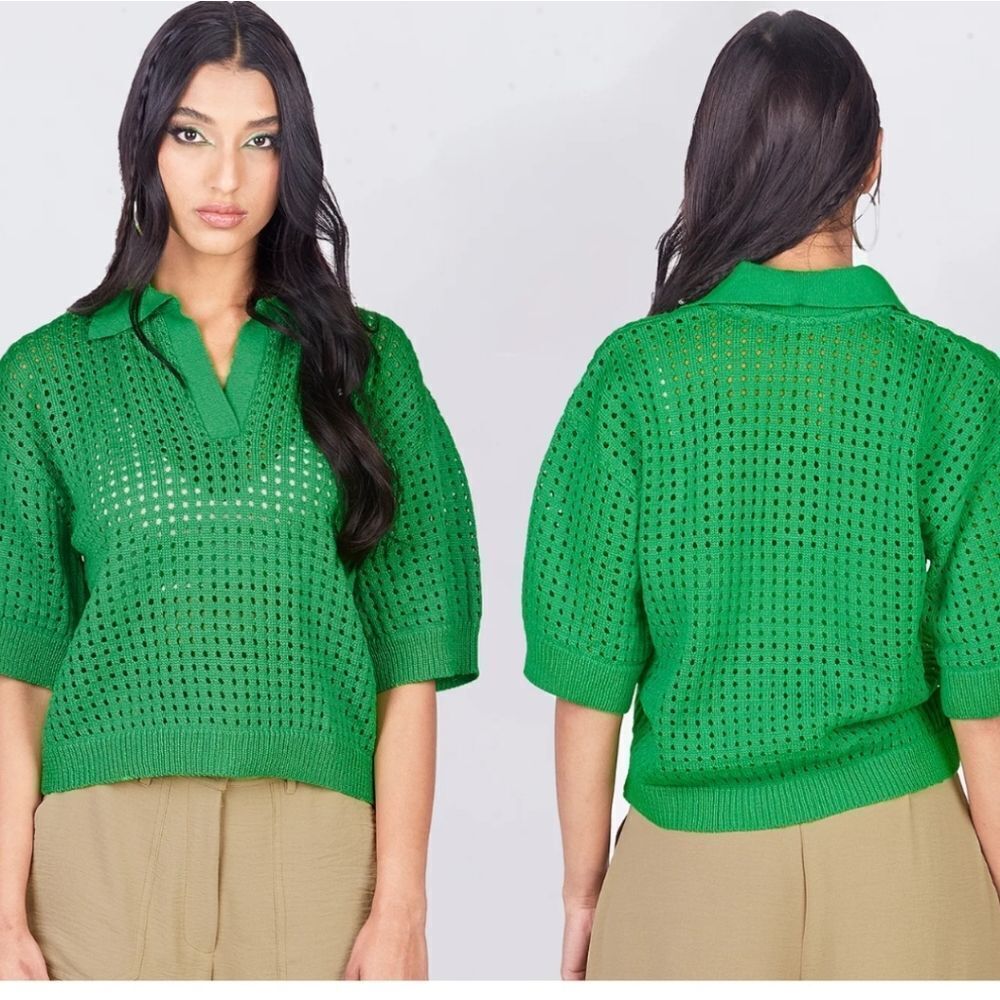 Off-the-Shoulder Green Textured Knit Sweater